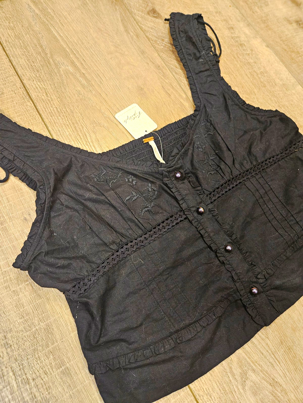 Free People Boho Embroidered Crop Top Black Ruffle Button Smocked Cami M